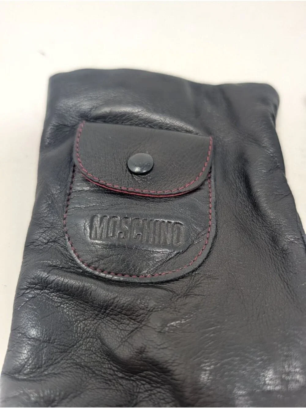 Vintage Y2K Moschino Black Leather Gloves Medium Italy Lambswool